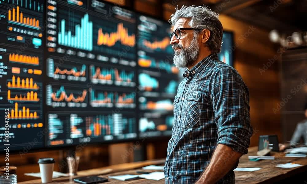 Professional analyzing data in front of a digital display. Professional analyzing data in front of a digital display.