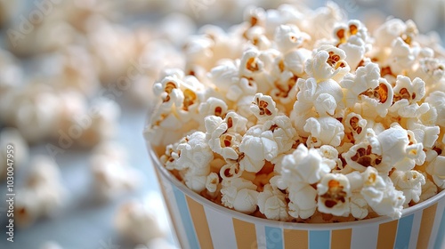 A striped bucket filled with tasty popcorn is shown on a white background in close-up.