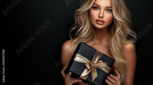 Beautiful woman holding a luxury gift wrapped in black paper with a gold ribbon