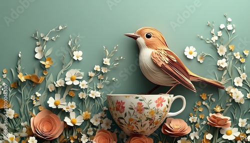 A chirping bird perched on the edge of a floralpatterned cup, 3D paper cutout style photo