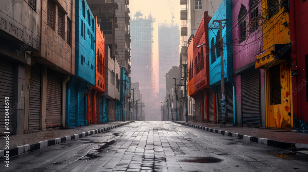 Fototapeta premium quiet city street features vibrant, colorful buildings with closed shutters, creating serene atmosphere. misty background hints at bustling urban environment. 
