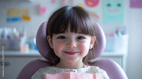 Smiling girl in a dental chair, happy and excited for her dental visit. Bright colors create a cheerful atmosphere for kids.
