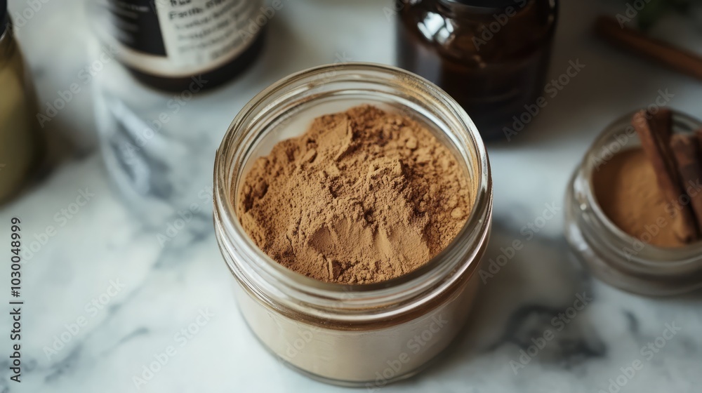 Homemade Cocoa Powder Mix: A close-up view of a glass jar filled with rich, dark brown cocoa powder, hinting at the comforting aroma and deliciousness of a warm drink. Homemade Cocoa Powder Mix: A close-up view of a glass jar filled with rich, dark brown cocoa powder, hinting at the comforting aroma and deliciousness of a warm drink.
