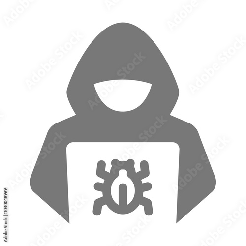 Hacker with bug and laptop vector icon. Cyber computer crime and attack.