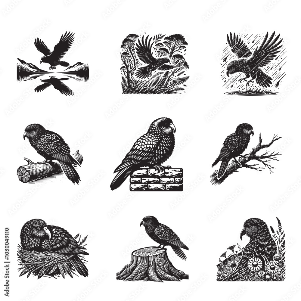 Obraz premium Collection of Kakapo Bird silhouettes, Kakapo Vector illustration in black and white 