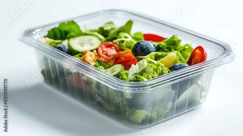 Reusable plastic transparent box for takeaway food, picnic, salad for shop isolated on white.