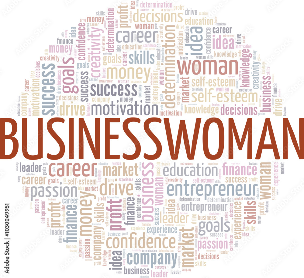 Obraz premium Businesswoman word cloud conceptual design isolated on white background.