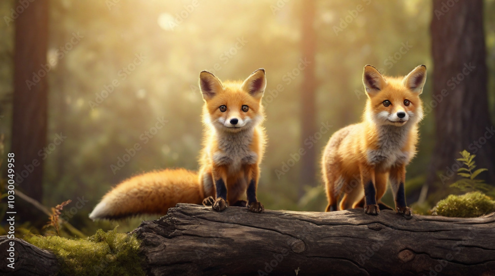 Idyllic scene of adorable fox cubs in the forest, cute fox family in the spring Idyllic scene of adorable fox cubs in the forest, cute fox family in the spring
