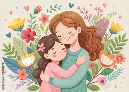 Happy Mother's Day Card Embracing Woman and Daughter - Cute Vector Illustration in Flat Style for Celebrating Love and Bonding