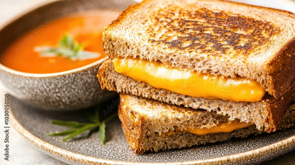 A grilled cheese sandwich with melted cheddar served alongside a bowl of creamy tomato soup on a plate. A grilled cheese sandwich with melted cheddar served alongside a bowl of creamy tomato soup on a plate.