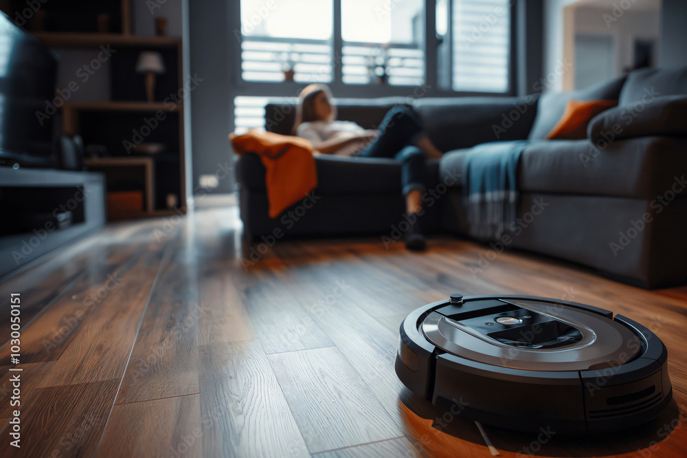 Robotic vacuum cleaner is cleaning the floor in a modern apartment while a woman is relaxing on the sofa Robotic vacuum cleaner is cleaning the floor in a modern apartment while a woman is relaxing on the sofa