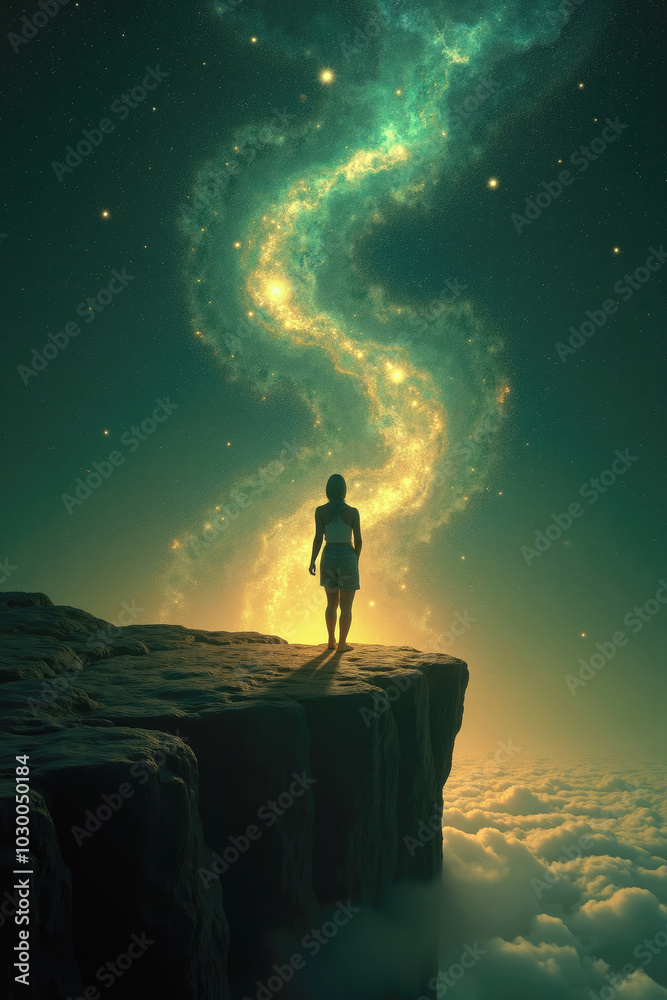 Fototapeta premium Woman standing on a cliff looking at swirling galaxy in the sky