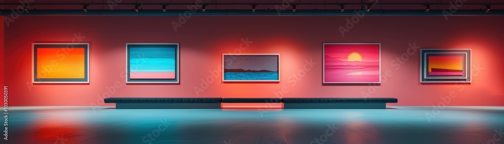 modern art gallery featuring vibrant artworks displayed on striking red wall. colorful paintings evoke sense of tranquility and creativity, inviting viewers to explore artistic expressions. modern art gallery featuring vibrant artworks displayed on striking red wall. colorful paintings evoke sense of tranquility and creativity, inviting viewers to explore artistic expressions.