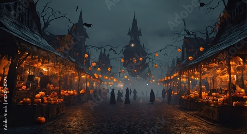 A haunted Halloween-themed marketplace with eerie stalls, glowing jack-o'-lanterns, and a dark, misty atmosphere.