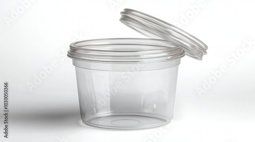 Small clear plastic jar with lid for condiments and sauces in restaurants, cafes and eateries. Isolated on white background.