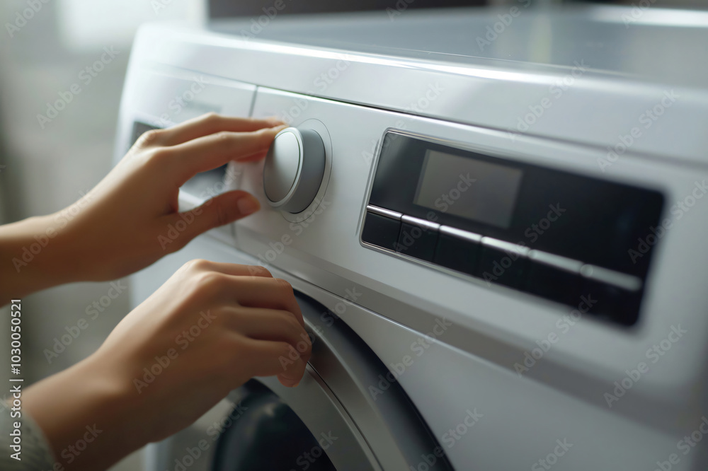 Woman setting washing machine program, turning button and choosing right program for clothes Woman setting washing machine program, turning button and choosing right program for clothes