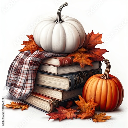 Autumn still life with pumpkins, books, and blanket, A cozy autumn still life featuring stacked books, pumpkins, fall leaves, and a plaid blanket, evoking warmth and seasonal comfort.

