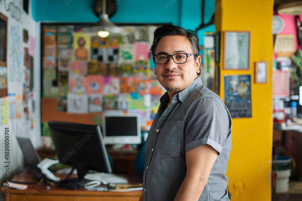 Fototapeta premium Confident latin man in colorful office, working on computer. Happy, smiling entrepreneur embodies success. Busy, vibrant workspace