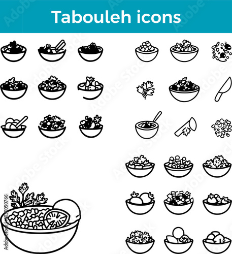 Tabouleh icons line Middle Eastern salad vector traditional cuisine parsley bulgur food illustration set