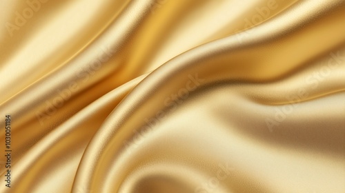 The glossy, golden silk fabric is artfully draped, creating a rich and luxurious texture. Its delicate folds and bright, opulent sheen will add a premium touch to any background or decor