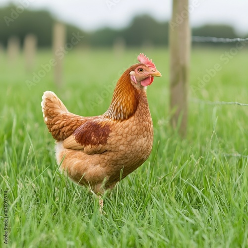 Brown chicken standing in green grass, scenic rural backdrop.