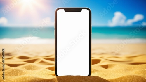 Mobile Screen Mockup, Phone On Beach