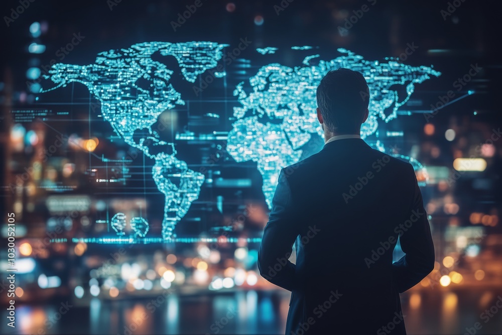 Man in suit looking at world map on large screen with cityscape background, futuristic and technological concept. Man in suit looking at world map on large screen with cityscape background, futuristic and technological concept.