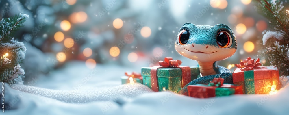 Obraz premium Cartoon cute snake among Christmas gifts, Snake symbol of Chinese New Year, Cute cartoon snake winter landscape with space for text, Generative AI