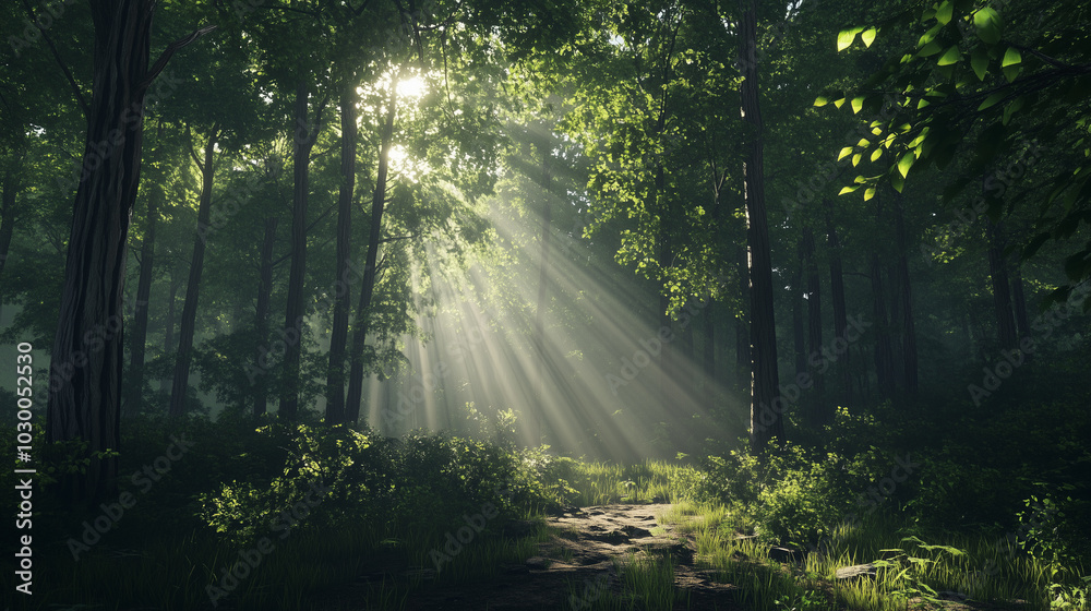 Fototapeta premium Sunlight Streaming Through the Canopy of a Dense Forest