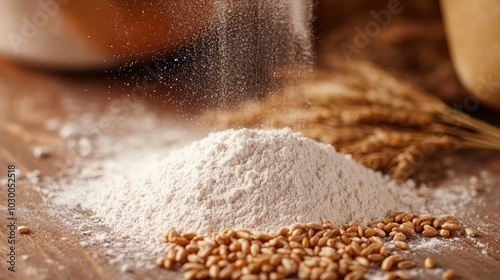 Wheat flour, wheat grains and spikelets on a wooden table. Sift flour.
