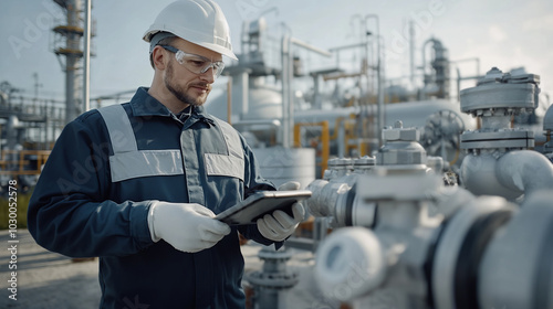 Engineer Inspecting Pressure Valve at Industrial Site