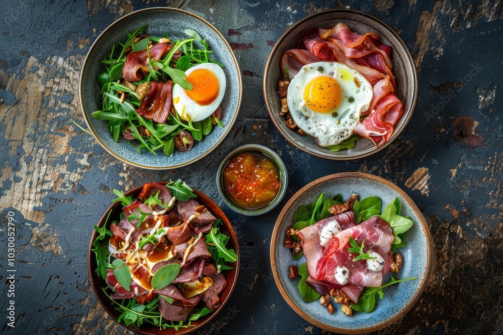 Set of Various Meat Salads on Rustic Ceramic Plates Top View. Salad Mix, Smoked Turkey, Honey Sauce Set of Various Meat Salads on Rustic Ceramic Plates Top View. Salad Mix, Smoked Turkey, Honey Sauce