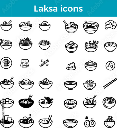 Laksa icons line spicy noodle soup vector traditional Asian cuisine food coconut curry illustration set