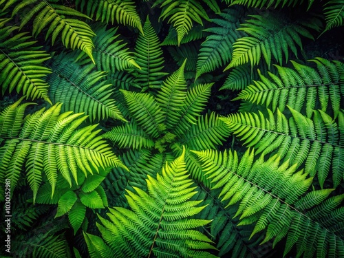 An aerial glimpse captures the lushness of Baumfarn ferns intertwined within the thick forest canopy, highlighting the beauty and complexity of this thriving eco-system.