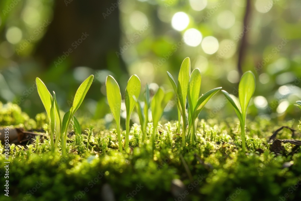 Embracing the arrival of spring through fresh green shoots and vibrant moss in a sun-drenched garden space Embracing the arrival of spring through fresh green shoots and vibrant moss in a sun-drenched garden space