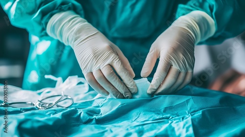 Hands Applying Sterile Dressing in Surgical Setting