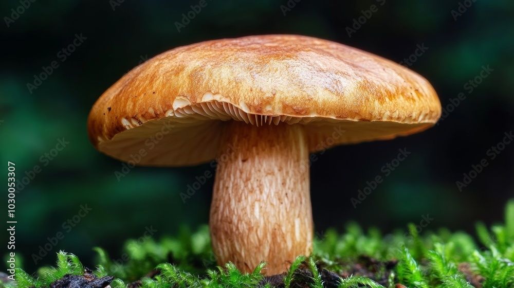 Fototapeta premium A brown mushroom stands out against a dark background.