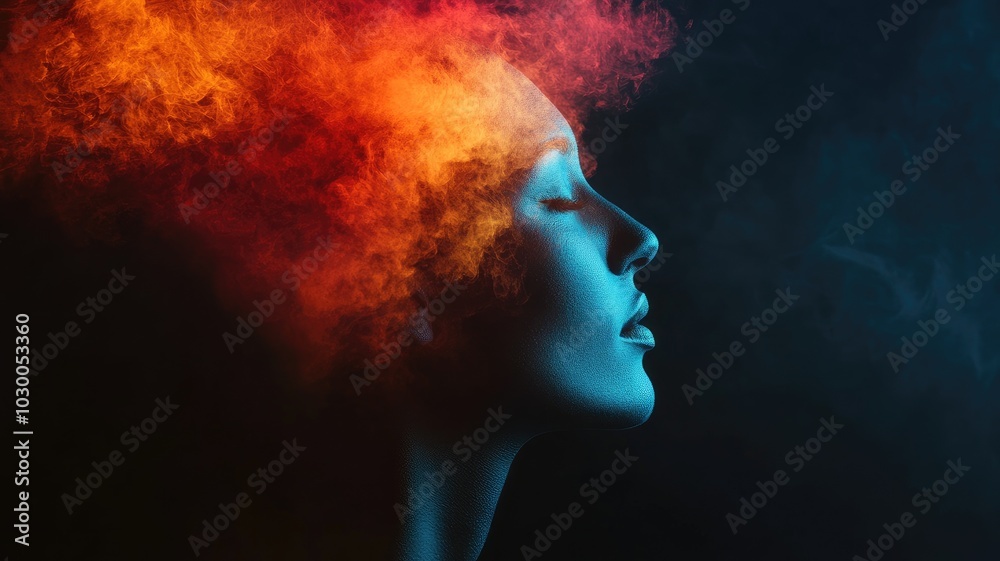 Profile of woman illuminated with colorful smoke effects Profile of woman illuminated with colorful smoke effects