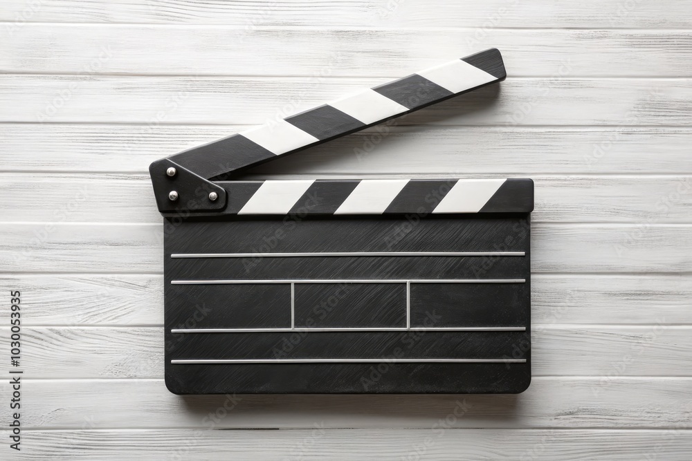 Fototapeta premium An unmarked black and white wooden clapperboard sits isolated against a white background, ideal for film production and photography applications, enhancing your creative visuals.