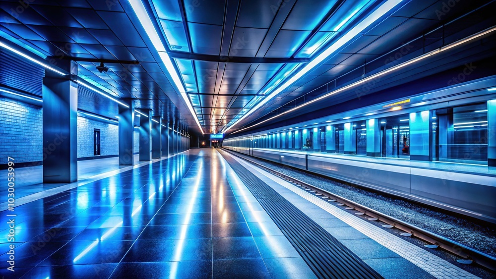 Long Exposure of an Empty Subway Station Platform with Blue Lighting During Evening Hours for Urban Photography and Travel Inspiration Long Exposure of an Empty Subway Station Platform with Blue Lighting During Evening Hours for Urban Photography and Travel Inspiration