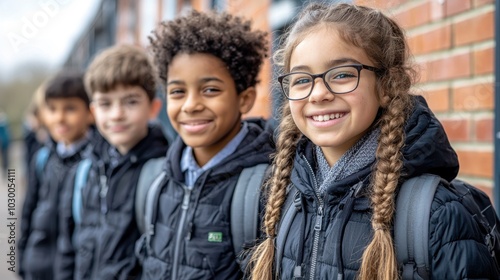 A group of smiling school children standing in a line outside, wearing backpacks and jackets, ready for school, with a brick building in the background.
