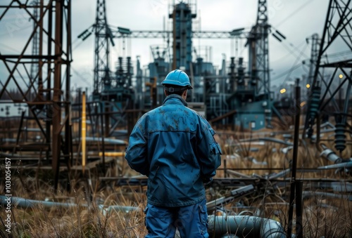 Power Plant Inspection. Engineer in protective clothing and hardhat surveys electrical substation, highlighting importance of infrastructure maintenance.