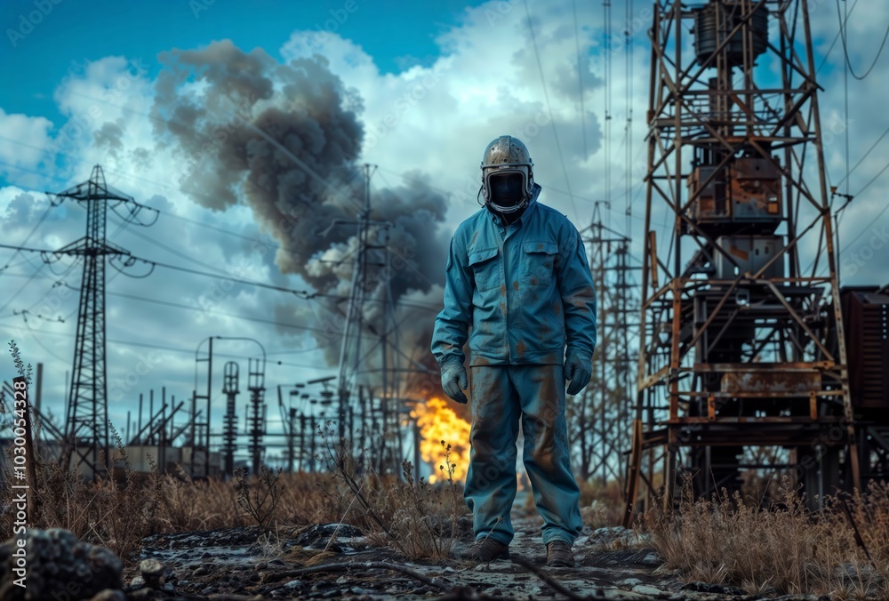 Obraz premium Hazardous Environment. Worker in protective suit stands amid industrial wreckage with fire and smoke in background.