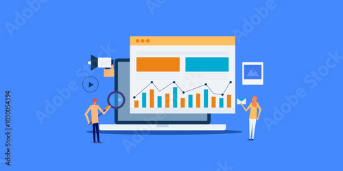 Team of man and woman analysing digital marketing campaign report, conceptual vector banner.