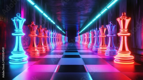 Neon Chessboard with Glowing Queen Pieces