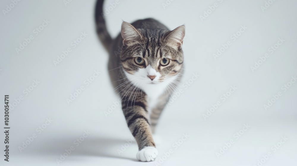 A charming cat is walking alone on a white background. It's looking right at the camera, looking happy and adorable. This photo was taken in a studio. You can see the cat from the side. A charming cat is walking alone on a white background. It's looking right at the camera, looking happy and adorable. This photo was taken in a studio. You can see the cat from the side.