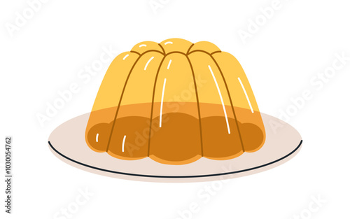 Jelly dessert on plate. Sweet molded gelatin treat with fruit flavor. Glassy transparent cold gel snack. Moulded jello pudding, yummy dish. Flat vector illustration isolated on white background