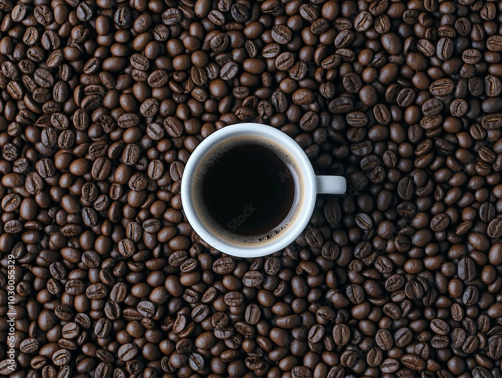 Minimalistic Coffee Cup Surrounded by Roasted Coffee Beans on Black Background
Minimalistic Coffee Cup Surrounded by Roasted Coffee Beans on Black Background