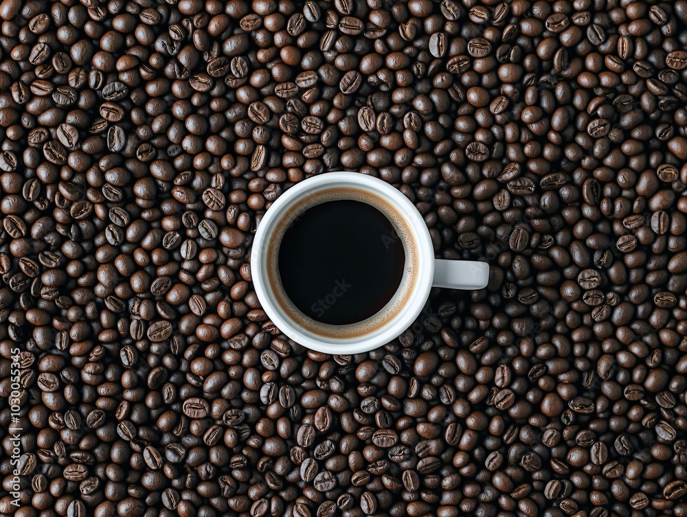 Minimalistic Coffee Cup Surrounded by Roasted Coffee Beans on Black Background
Minimalistic Coffee Cup Surrounded by Roasted Coffee Beans on Black Background
