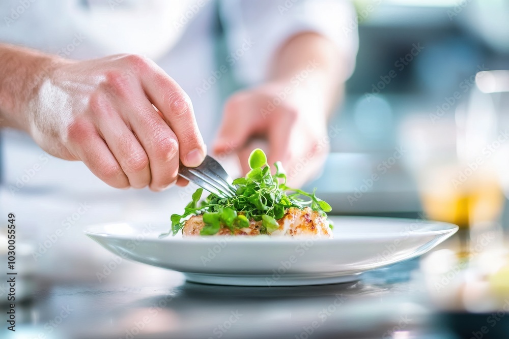 A chef plating a gourmet dish with fresh herbs and greens, highlighting culinary artistry and attention to detail. A chef plating a gourmet dish with fresh herbs and greens, highlighting culinary artistry and attention to detail.